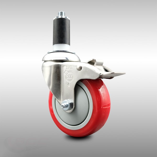 Service Caster 4 Inch 316SS Red Poly Swivel 1-1/4 Inch Expanding Stem Caster Lock Brake SCC SCC-SS316TTLEX20S414-PPUB-RED-114 - main